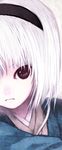  bad_id bad_pixiv_id black_hairband face hairband japanese_clothes kimono kiran konpaku_youmu lips purple_eyes solo touhou white_hair 