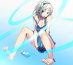  anklet barefoot breasts cleavage covering covering_crotch feet headphones jewelry legs medium_breasts original painpa shirt_tug short_hair solo tank_top 