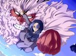  batsu blue_eyes blue_hair cloud day hood kumoi_ichirin punching purple_eyes sky touhou unzan wallpaper 