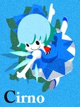  blue_hair bow character_name cirno hair_bow karaagetarou ribbon short_hair smile solo touhou wings 