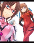  ayanami_rei bodysuit chobipero close-up fang glasses highres makinami_mari_illustrious multiple_girls neon_genesis_evangelion pink_bodysuit plugsuit rebuild_of_evangelion shikinami_asuka_langley souryuu_asuka_langley 