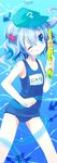  bare_shoulders blue_eyes blue_hair character_name hair_bobbles hair_ornament hat highres hinayuki_usa kawashiro_nitori one-piece_swimsuit one_eye_closed school_swimsuit solo swimsuit tongue touhou twintails two_side_up underwater water_gun 