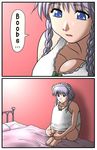  1girl barefoot bed blue_eyes braid breasts comic female flat_chest hard_translated indoors izayoi_sakuya knee_hug leg_hug maid_headdress panties parody shiro_sato silver_hair solo tank_top touhou translated twin_braids underwear 