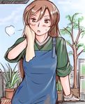  blush brown_eyes brown_hair dirty gloves long_hair older overalls plant potted_plant rag rozen_maiden sigh sleeves_rolled_up solo suiseiseki sweatdrop tsuda_nanafushi wiping 
