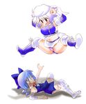  2girls blue_hair boots cirno dei_shirou detached_sleeves groin hat letty_whiterock multiple_girls short_hair silver_hair spread_legs thick_thighs thighs touhou wings wrestling 
