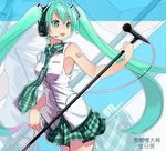  aqua_eyes aqua_hair bad_id bad_pixiv_id hatsune_miku headphones headset highres long_hair microphone microphone_stand necktie plaid plaid_neckwear plaid_skirt skirt smile solo twintails very_long_hair vocaloid yykuaixian 