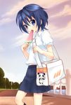  bag blue_eyes blue_hair duffel_bag food highres original popsicle short_hair skirt solo usashiro_mani watermelon_bar 