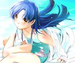  bare_legs barefoot blue_hair blush brown_eyes casual_one-piece_swimsuit face flat_chest idolmaster idolmaster_(classic) jacket kisaragi_chihaya long_hair looking_up misagi_nagu one-piece_swimsuit pool solo swimsuit water wet 