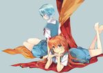  ayanami_rei barefoot blue_eyes blue_hair chin_rest feet hara_yui multiple_girls neon_genesis_evangelion red_hair school_uniform sitting soles souryuu_asuka_langley 