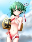  blush criss-cross_halter flat_chest green_eyes green_hair halter_top halterneck highres kickboard mille navel one_eye_closed ribbon rod_of_remorse shiki_eiki short_hair solo swimsuit touhou 