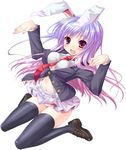  alto_seneka animal_ears bad_id bad_pixiv_id blazer bunny_ears jacket loafers long_hair nail_polish necktie panties pink_nails pleated_skirt purple_hair red_eyes red_neckwear reisen_udongein_inaba shoes skirt solo striped striped_panties thighhighs touhou underwear 
