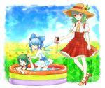  3girls :d adapted_costume alternate_hairstyle animal_ears antennae bird border breasts casual_one-piece_swimsuit child cirno closed_eyes dress fading_border faux_traditional_media field flower flower_field frills green_eyes green_hair hair_ornament hairclip happy hat high_heels ice kazami_yuuka medium_breasts mozukuzu_(manukedori) multiple_girls mystia_lorelei mystia_lorelei_(bird) nature one-piece_swimsuit one_eye_closed open_mouth plaid plaid_dress ponytail ribbon sandals seed shoes smile straw_hat sunflower swimsuit touhou wading_pool water wings wriggle_nightbug 