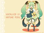  arishiki boots dress green_eyes green_hair hair_ribbon hatsune_miku long_hair ribbon smile solo twintails vocaloid 