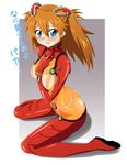  blue_eyes blush bodysuit butt_crack fang g.s hair_ornament highres latex multicolored multicolored_bodysuit multicolored_clothes neon_genesis_evangelion orange_bodysuit orange_hair plugsuit rebuild_of_evangelion red_bodysuit shikinami_asuka_langley skin_tight solo souryuu_asuka_langley test_plugsuit translation_request 
