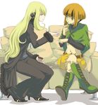  blonde_hair boots brown_hair capelet coat couch crossed_legs food fujimaru_(kinakomucch) green_capelet green_footwear gym_leader high_heels ice_cream midriff multiple_girls natane_(pokemon) navel pillow pokemon pokemon_(game) pokemon_dppt shirona_(pokemon) shoes shorts sitting spoon 