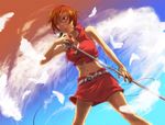  anno_mana bad_id bad_pixiv_id belt brown_eyes brown_hair cloud day feathers meiko microphone microphone_stand midriff nail_polish navel red_nails short_hair skirt sky solo vocaloid 