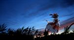  anime_coloring bad_id bad_pixiv_id bow brown_hair cloud detached_sleeves evening from_behind grass hair_bow hakurei_reimu mizuki_riko scenery short_hair sky socks solo sunrise touhou twilight wind 