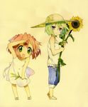  absurdres alternate_costume blue_eyes flower green_eyes green_hair hat highres horiguchi_yukiko iwasaki_minami kobayakawa_yutaka lucky_star multiple_girls pink_hair sandals shoes short_hair smile sunflower 