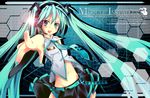  aqua_eyes aqua_hair bad_id bad_pixiv_id detached_sleeves hatsune_miku headphones headset lens_flare long_hair midriff navel necktie shirokitsune skirt solo twintails very_long_hair vocaloid 