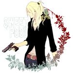  8055 animal belt blonde_hair cardigan closed_eyes copyright_name cross denim gun handgun jeans lizard long_hair male_focus okinaga_zenya pants pistol ribbon rosary solo sweet_pool weapon 