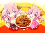  :q animal_ears animal_print breasts child chopsticks cleavage cow_ears cow_print dress dual_persona food from_above gyuudon haru_aki horns ladle large_breasts long_hair medium_breasts megurine_luka multiple_girls pink_hair purple_eyes smile tongue tongue_out vocaloid 
