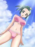  :o aqua_eyes awa azumaya_koyuki bikini blush breasts cloud dark_green_hair day embarrassed from_below green_hair impossible_clothes keroro_gunsou large_breasts light_rays looking_down navel older open_mouth outdoors ponytail sky solo sports_bikini sunbeam sunlight surprised swimsuit tankini wet 