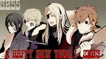  4boys 8055 bad_id bad_pixiv_id black_eyes black_hair blonde_hair brown_hair calligraphy_brush coat eyepatch face_painting fur gloves grey_eyes hagoita hanetsuki highres long_hair male_focus mita_makoto multiple_boys new_year okinaga_zenya paddle paintbrush sakiyama_youji shironuma_tetsuo smile smiley_face sweet_pool 