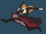  bad_id bad_pixiv_id banned_artist blonde_hair boots code_geass dress flying_kick formal full_body gun hime_cut kicking long_hair melting_scarlet pantyhose parody serious simple_background solo spinning spinzaku umineko_no_naku_koro_ni ushiromiya_rosa weapon 