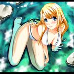  barefoot bikini blonde_hair blue_eyes blush from_above kneeling long_hair original seki1227 soles solo submerged swimsuit water 