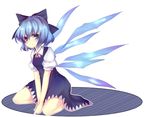  bad_id bad_pixiv_id blue_eyes blue_hair bow cirno hair_bow ice looking_at_viewer short_hair simple_background sitting smile solo touhou uranaishi_(miraura) v_arms wings 