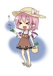  &gt;_&lt; :d animal_ears basket blush chibi closed_eyes dress earrings hat jewelry lowres mystia_lorelei open_mouth pink_hair sandals short_hair smile solo spring_onion straw_hat sun_hat sundress touhou wings xd yamabuki_(yusuraume) 