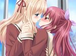  blonde_hair blue_eyes blush eye_contact hand_holding hug incipient_kiss kiss love matsubara_yuuna multiple_girls oda_nanami red_eyes red_hair redhead school_uniform schoolies sono_hanabira_ni_kuchizuke_wo suggestive twintails yuri 