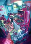  black_hair blue blue_eyes bra dutch_angle fluorescent_lamp highres indian_style indoors kitchen lingerie one_side_up original panties perspective pink realistic room scenery sitting skirt solo underwear zain 