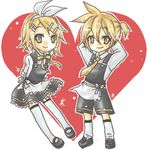  1girl blonde_hair brother_and_sister hair_ornament hair_ribbon hairclip heart hitobashira_alice_(vocaloid) kagamine_len kagamine_rin lowres mikage_(hotair) necktie ribbon shoes short_hair shorts siblings smile socks thighhighs twins vocaloid yellow_eyes yellow_neckwear 