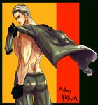  abs ass axis_powers_hetalia blonde_hair blue_eyes flag germany germany_(hetalia) gloves hair_slicked_back highres looking_back male_focus manly military military_uniform muscle shirtless sideburns solo tokotoko uniform 