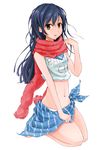  bad_id bad_pixiv_id black_hair blue_sarong brown_eyes clothes_writing face idolmaster idolmaster_(classic) kisaragi_chihaya midriff miomio navel open_mouth sarong scarf sitting solo striped striped_sarong swimsuit tankini white_background 