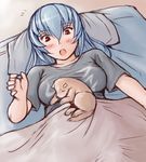  bed breast_pillow breasts casual clothes_writing dog large_breasts lowres older red_eyes rozen_maiden shirt silver_hair solo suigintou surprised t-shirt tsuda_nanafushi 