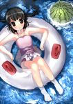  bad_id bad_pixiv_id barefoot black_hair blush brown_eyes flat_chest food from_above fruit innertube k-on! lying miyazaki_byou nakano_azusa on_back one-piece_swimsuit partially_submerged solo swimsuit twintails water watermelon 
