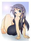  arm_support barefoot black_school_swimsuit blue_eyes hiiragi_miki long_hair looking_back lucky_star mature one-piece_swimsuit purple_hair school_swimsuit shing_(sorairo_factory) solo swimsuit 