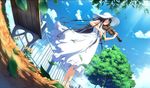  black_hair closed_eyes day dress dutch_angle fence g_yuusuke game_cg glasses hat hatori_uta_(tapestry) instrument leaf long_hair outdoors sky smile solo tapestry_-you_will_meet_yourself- tree violin wind 