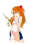  apron bad_id bad_pixiv_id bandages blue_eyes bra denim denim_shorts hair_ornament karasuma_tasuku knife lingerie long_hair neon_genesis_evangelion orange_hair rebuild_of_evangelion shikinami_asuka_langley shorts solo souryuu_asuka_langley sweatdrop underwear 