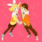  1girl baseball_cap blonde_hair casual chiruda earrings green_eyes hair_ornament hair_ribbon hairclip hat holding_hands hood hoodie jewelry juvenile_(vocaloid) kagamine_len kagamine_rin legwear_under_shorts pantyhose ribbon short_hair shorts smile vocaloid 