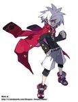  albino angry chain clenched_hand disgaea glasses hand_on_hip harada_takehito jacket makai_senki_disgaea_3 male_focus mao_(disgaea) official_art pointy_ears red_eyes round_eyewear simple_background solo third-party_edit third-party_watermark watermark web_address 