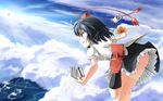  black_hair camera fan geta hat looking_away notebook open_mouth pen shameimaru_aya short_hair smile solo tengu-geta tokin_hat touhou tri wallpaper 