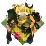  1girl bad_id bad_pixiv_id blonde_hair blue_eyes brother_and_sister hair_ornament hair_ribbon hairclip headphones kagamine_len kagamine_rin necktie ribbon short_hair shorts siblings smile twins vocaloid yellow_neckwear zis 