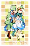 1girl alice_(wonderland) alice_(wonderland)_(cosplay) alice_in_wonderland apron aqua_eyes aqua_hair bad_id bad_pixiv_id blue_dress blue_hair blue_scarf cake cosplay dress english food formal frills hat hatsune_miku ice_cream kaito long_hair mad_hatter pastry plate scarf shoes smile striped striped_legwear suit thighhighs tomoshibi_rei top_hat twintails very_long_hair vocaloid 
