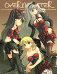  bare_shoulders breasts cleavage couch ganaha_hibiki hat hoshii_miki idolmaster idolmaster_(classic) large_breasts mame-p mini_hat mini_top_hat multiple_girls project_fairy punkish_gothic shijou_takane thighhighs top_hat 