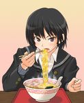  amagami argon black_hair bowl chopsticks eating food kibito_high_school_uniform long_sleeves meandros meat nanasaki_ai noodles nori_(seaweed) ramen school_uniform short_hair solo steam 