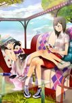  bad_id bad_pixiv_id bag bird black_hair book breasts brown_hair cat cleavage couch drink glasses grass handbag highres legs long_hair medium_breasts mole mole_under_mouth multiple_girls original playing_games shigureteki shoes smile sneakers video_game 