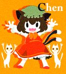  :3 animal_ears bow cat cat_ears cat_tail character_name chen earrings fang hat jewelry karaagetarou multiple_tails ribbon solo tail touhou 